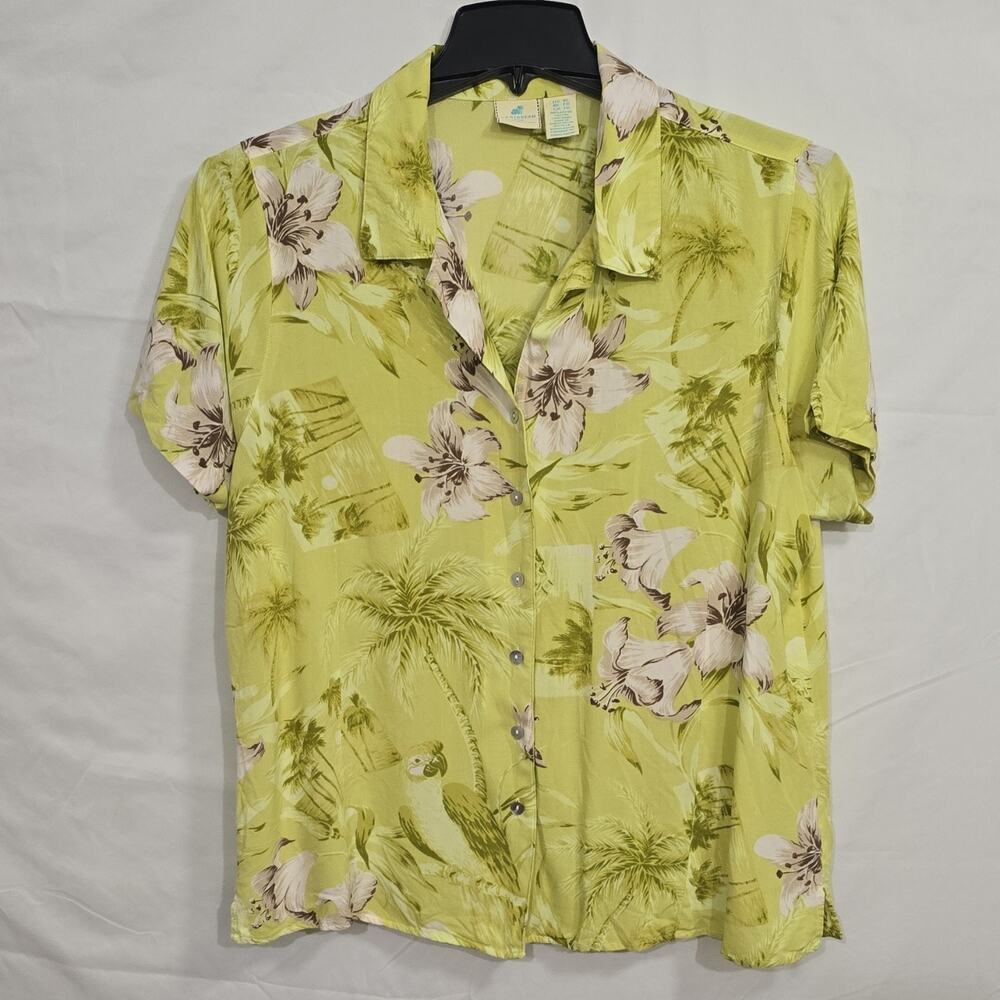Caribbean Joe Womens XL Yellow Green Floral Short Sleeve Button-Up Rayon Blouse